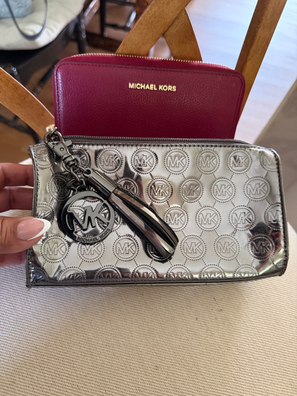 Michael Kors Silver Embossed MK Wristlet with Burgundy Zip Wallet